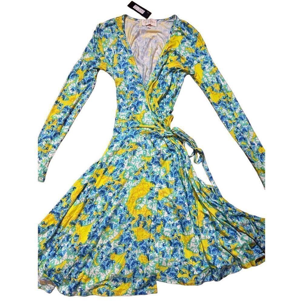 Yumi Kim Flowerista Jersey Knit Wrap‎ Dress Yellow Blue Multi floral NWT Sz S